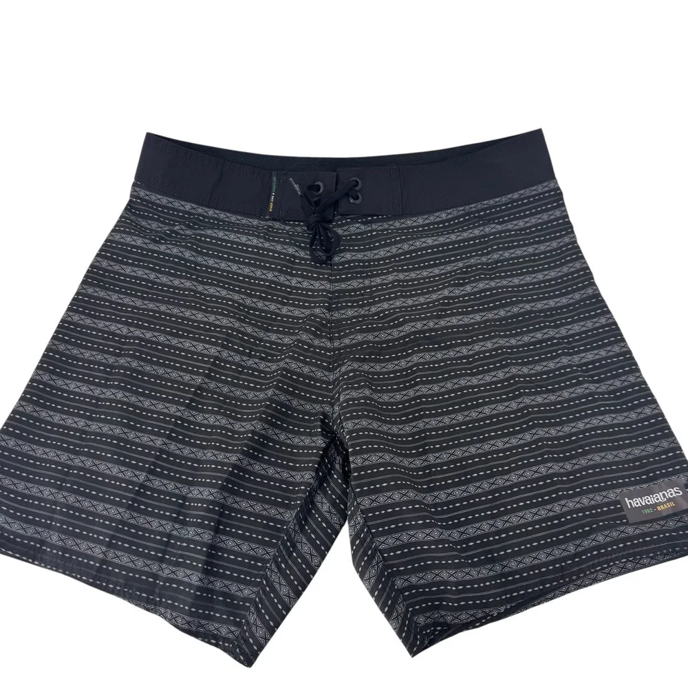 Havaianas Mens Geometric Stripe Board Shorts Black Grey Swim Trunks‎ Size XS